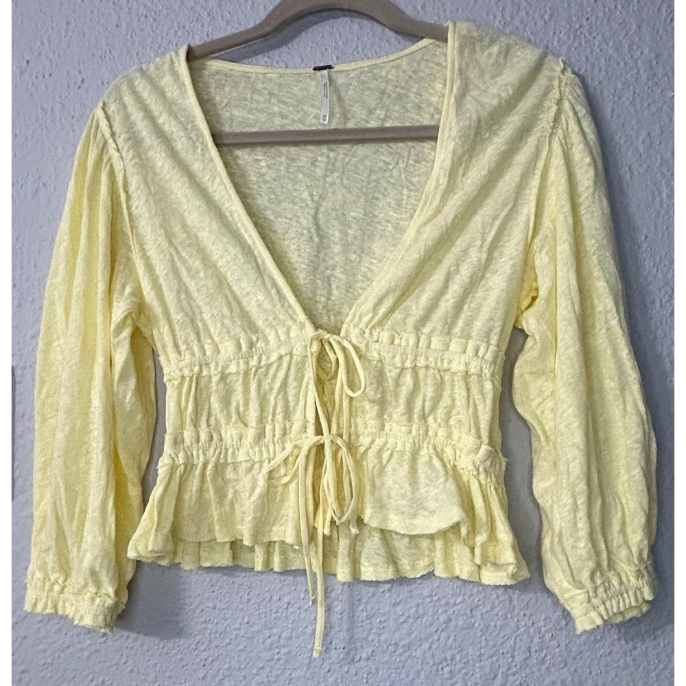 Free People let's go Yellow Tie Front Blouse XS - Picture 2 of 4